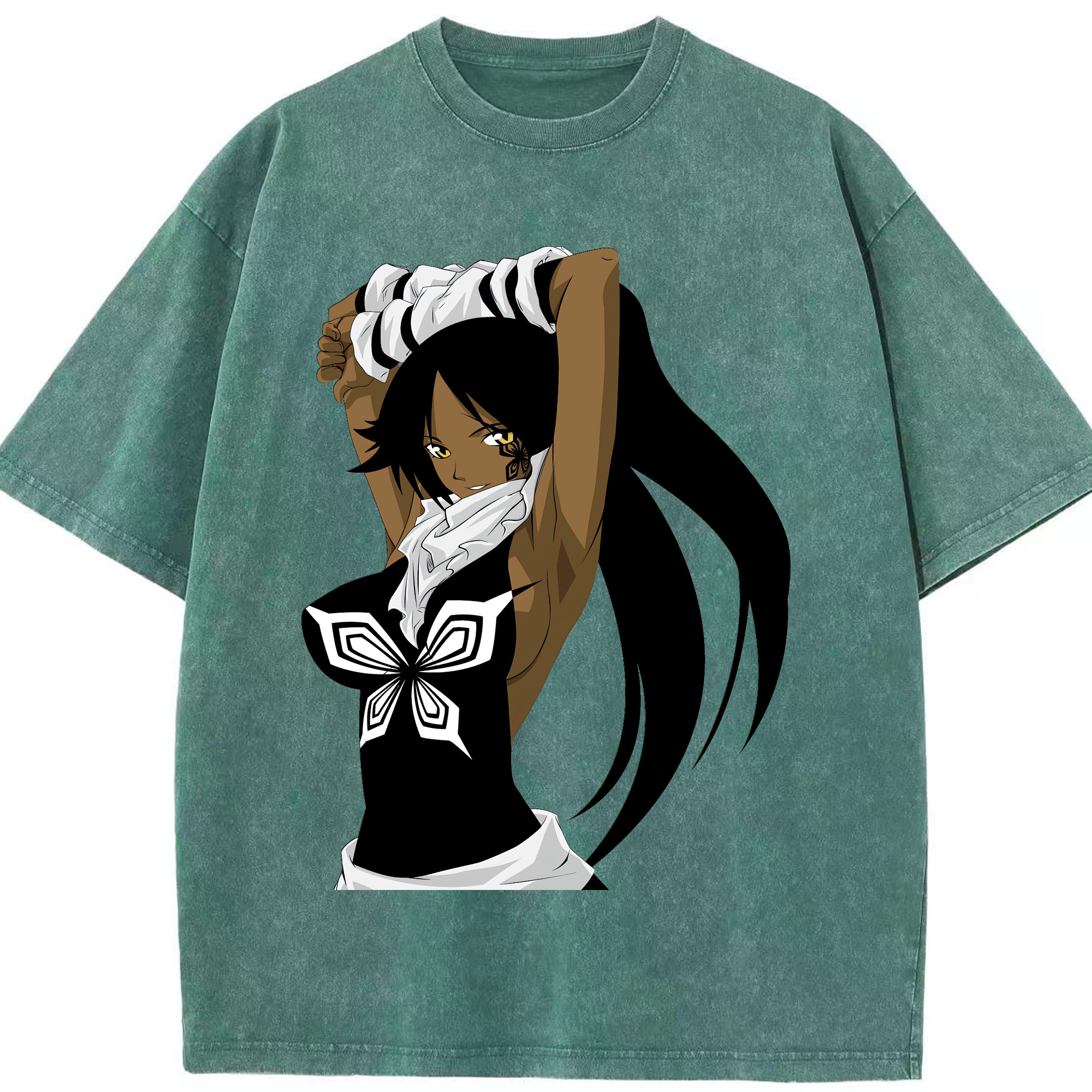 （画像用） ブリーチ 四楓院 夜一（しほういん よるいち） BLEACH Shihouin Yoruichi 綿100% ヴィンテージ風 半袖Tシャツ（フロントプリント）